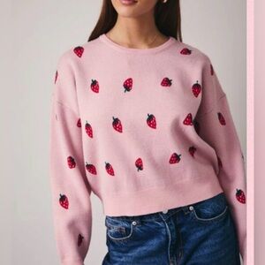 433. Sunday Edition Strawberry Knit Sweater, Pink, Size L | New in poly